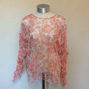 🐱Zara NWOT sheer mesh floral ruched long sleeve top